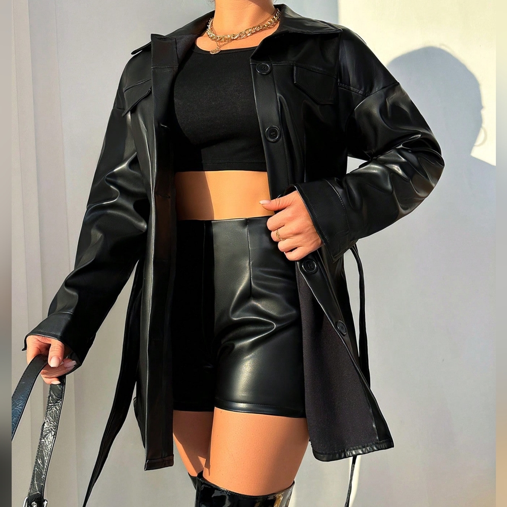 Flap Detail Belted PU Leather Coat - Picture 4 of 4